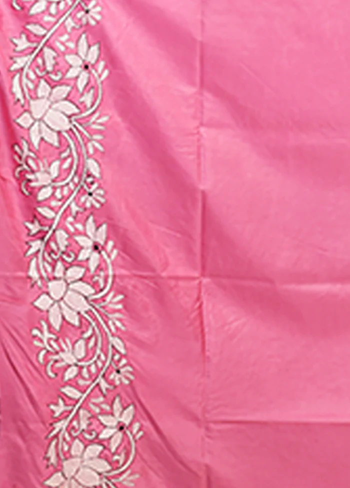 Pink Kantha Stitch Silk Saree With Blouse Piece - Image 5
