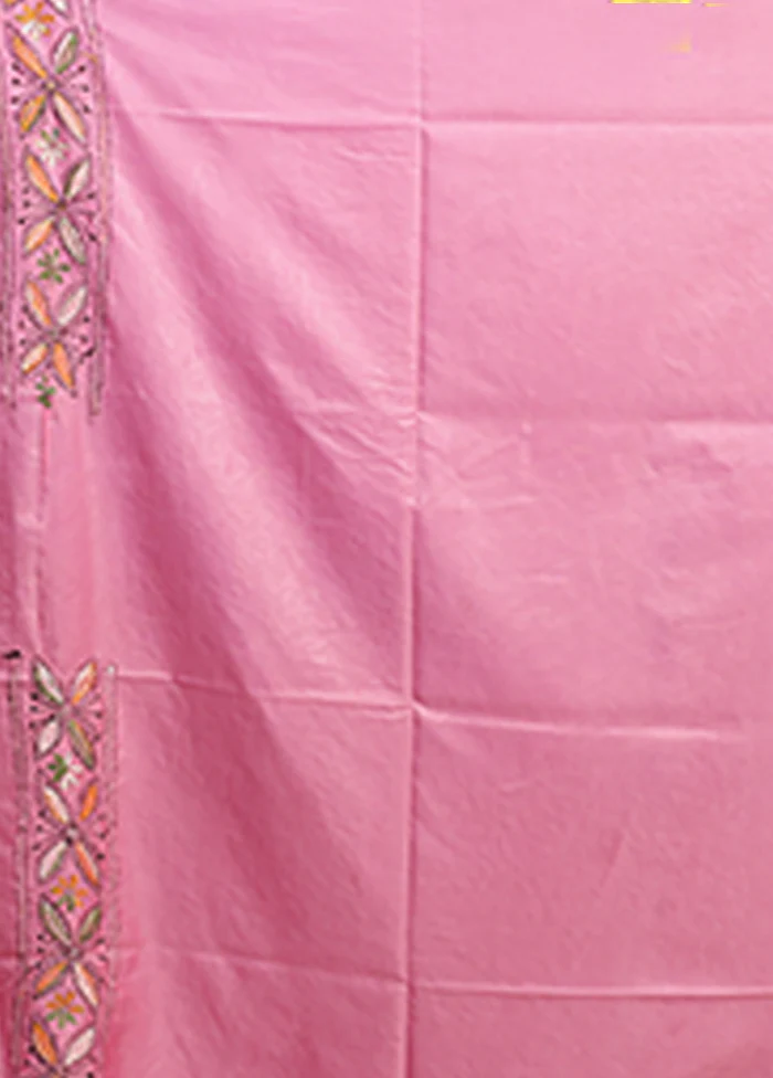 Pink Kantha Stitch Silk Saree With Blouse Piece - Image 5