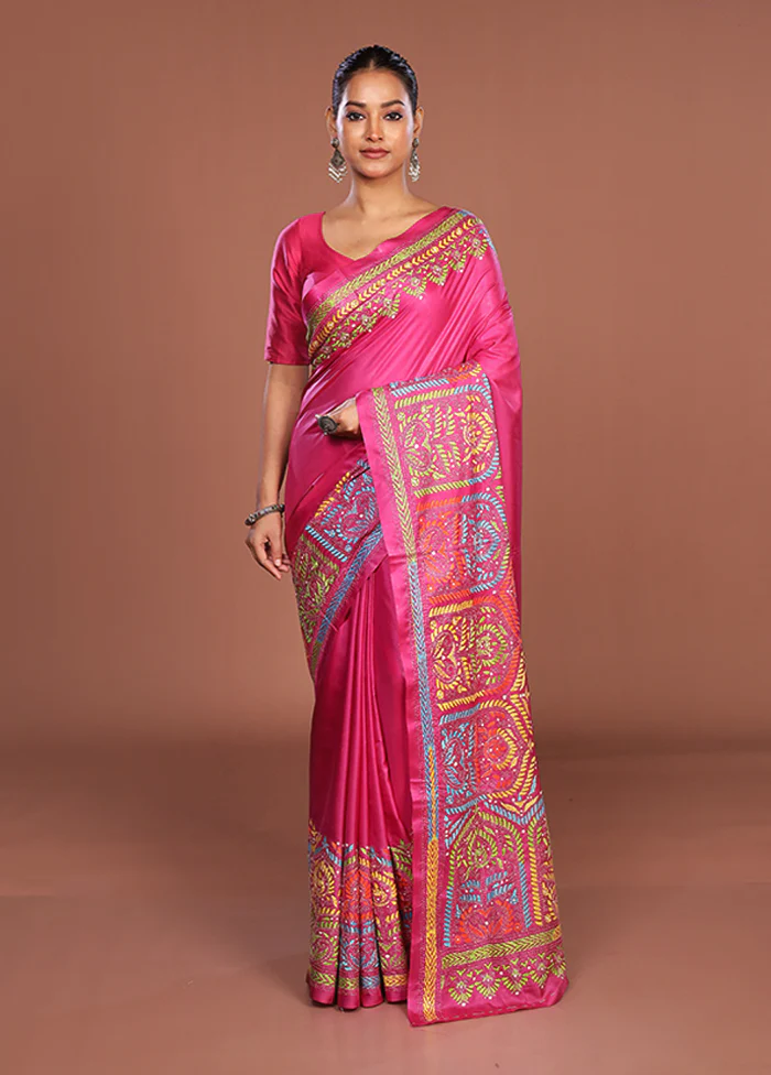 Pink Kantha Stitch Silk Saree With Blouse Piece - Image 2