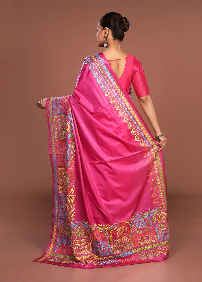 Pink Kantha Stitch Silk Saree With Blouse Piece - Image 3