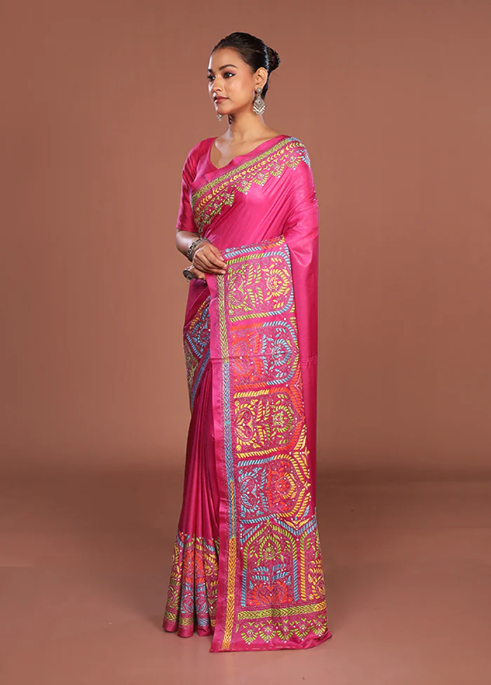 Pink Kantha Stitch Silk Saree With Blouse Piece - Image 4