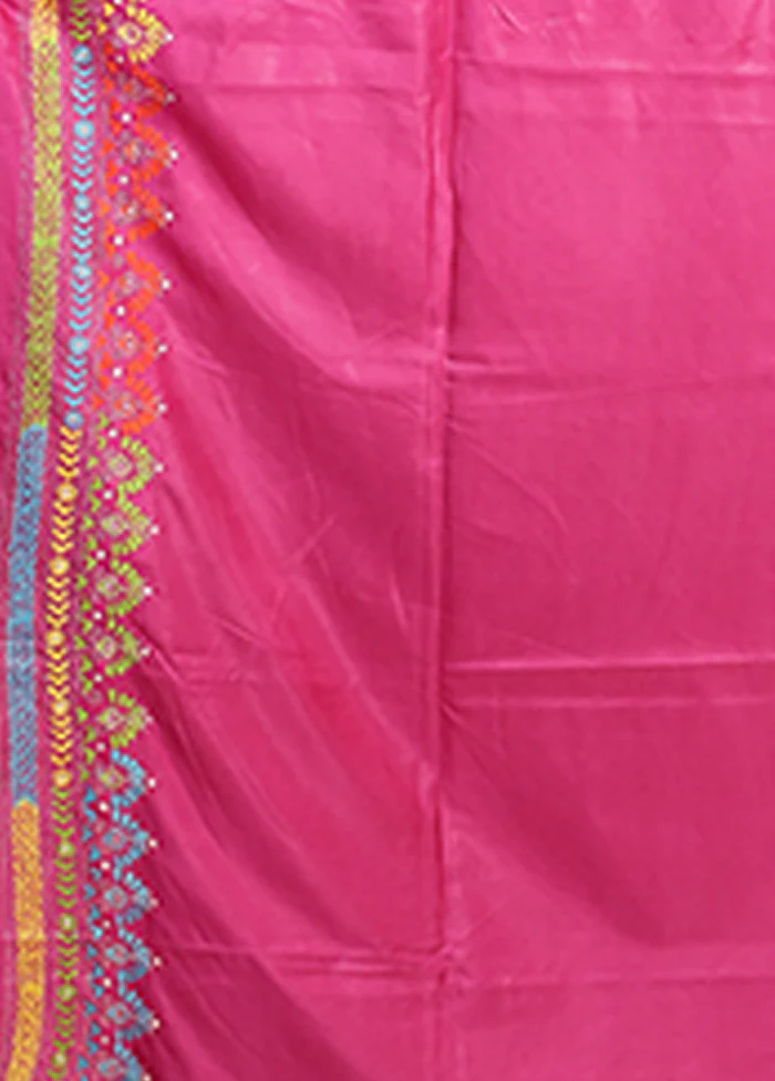 Pink Kantha Stitch Silk Saree With Blouse Piece - Image 5