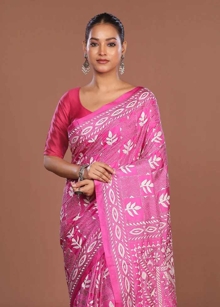Pink Kantha Stitch Silk Saree With Blouse Piece