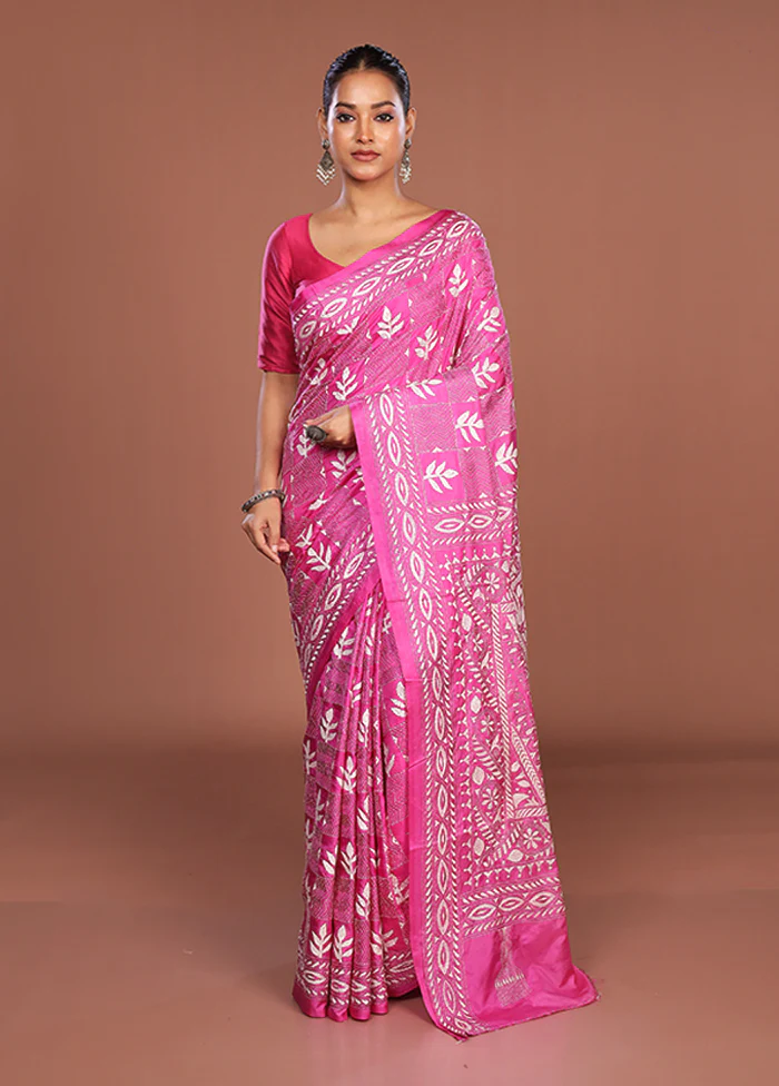 Pink Kantha Stitch Silk Saree With Blouse Piece - Image 2