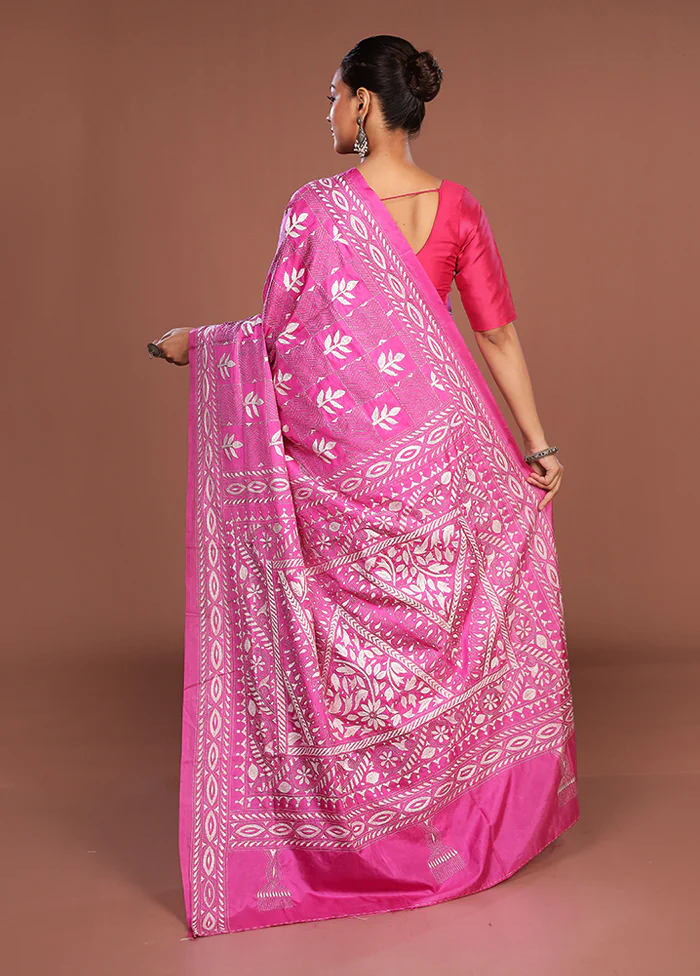 Pink Kantha Stitch Silk Saree With Blouse Piece - Image 3