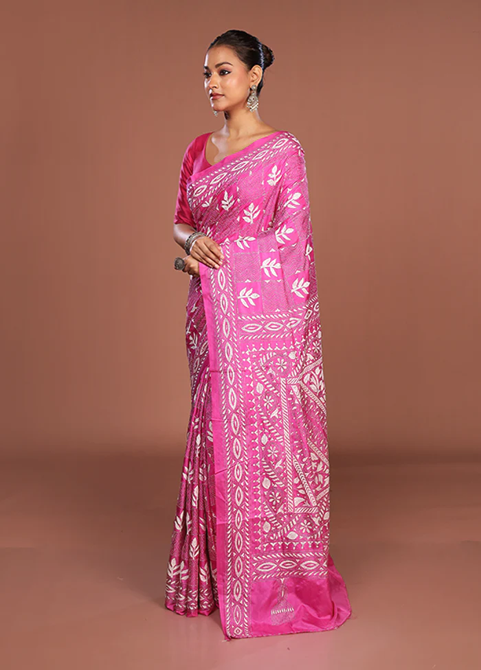 Pink Kantha Stitch Silk Saree With Blouse Piece - Image 4