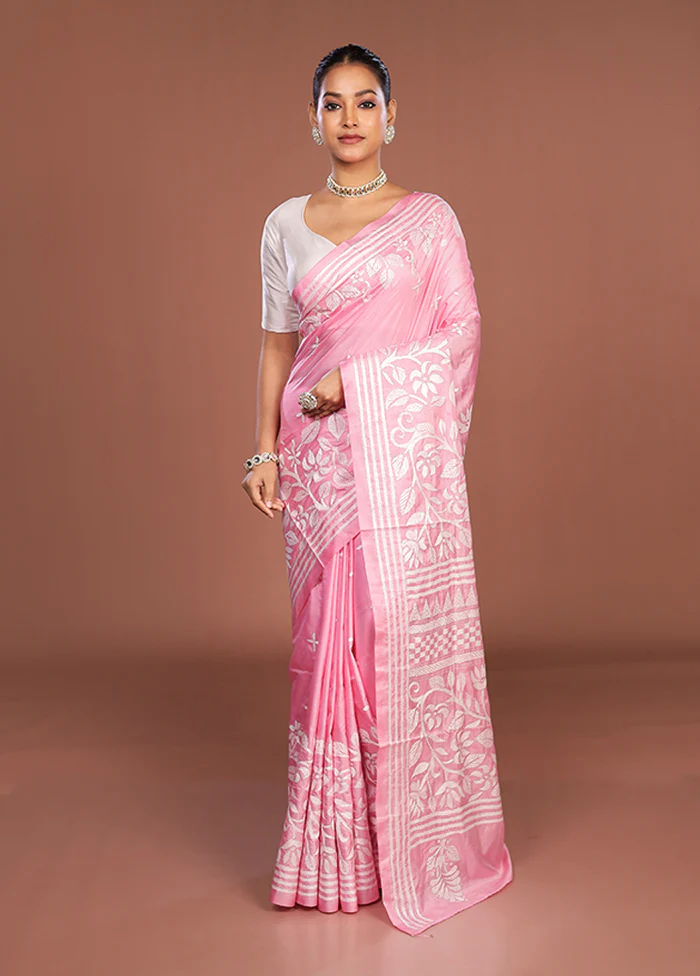 Pink Kantha Stitch Silk Saree With Blouse Piece - Image 2