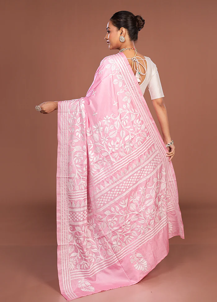 Pink Kantha Stitch Silk Saree With Blouse Piece - Image 3