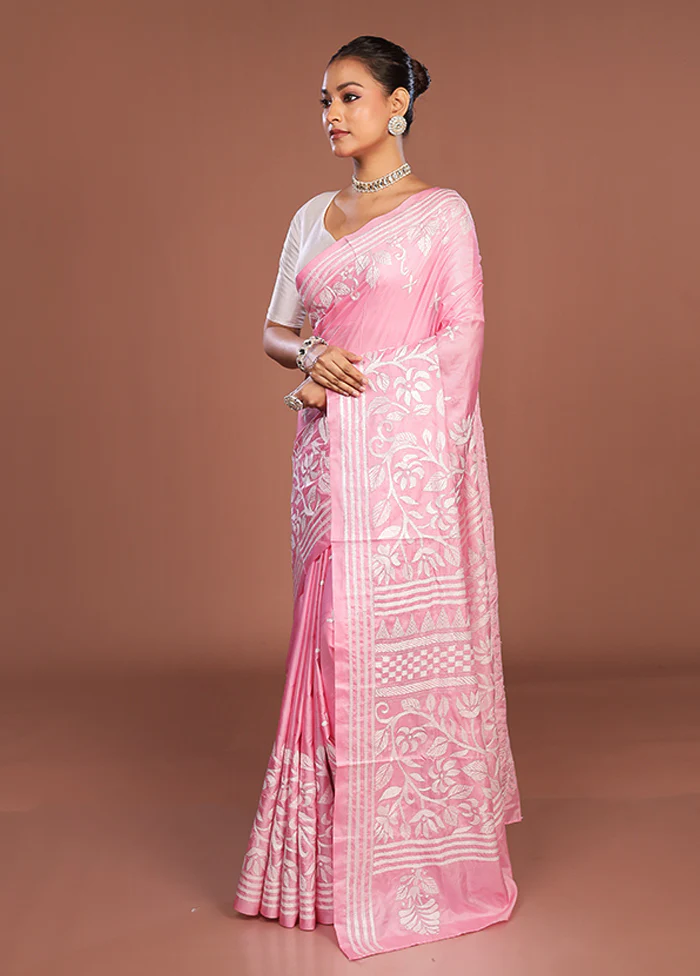 Pink Kantha Stitch Silk Saree With Blouse Piece - Image 4