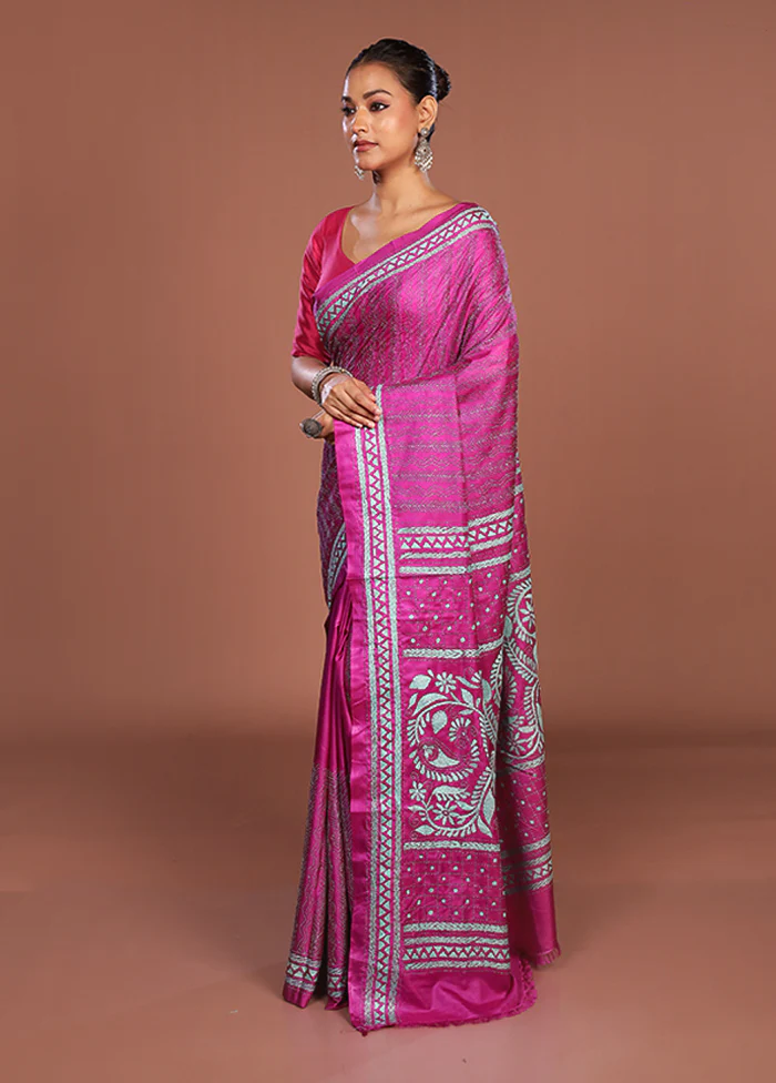 Pink Kantha Stitch Silk Saree With Blouse Piece - Image 4
