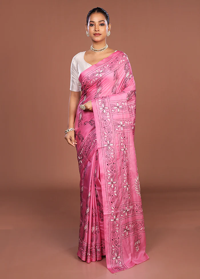 Pink Kantha Stitch Silk Saree With Blouse Piece - Image 2