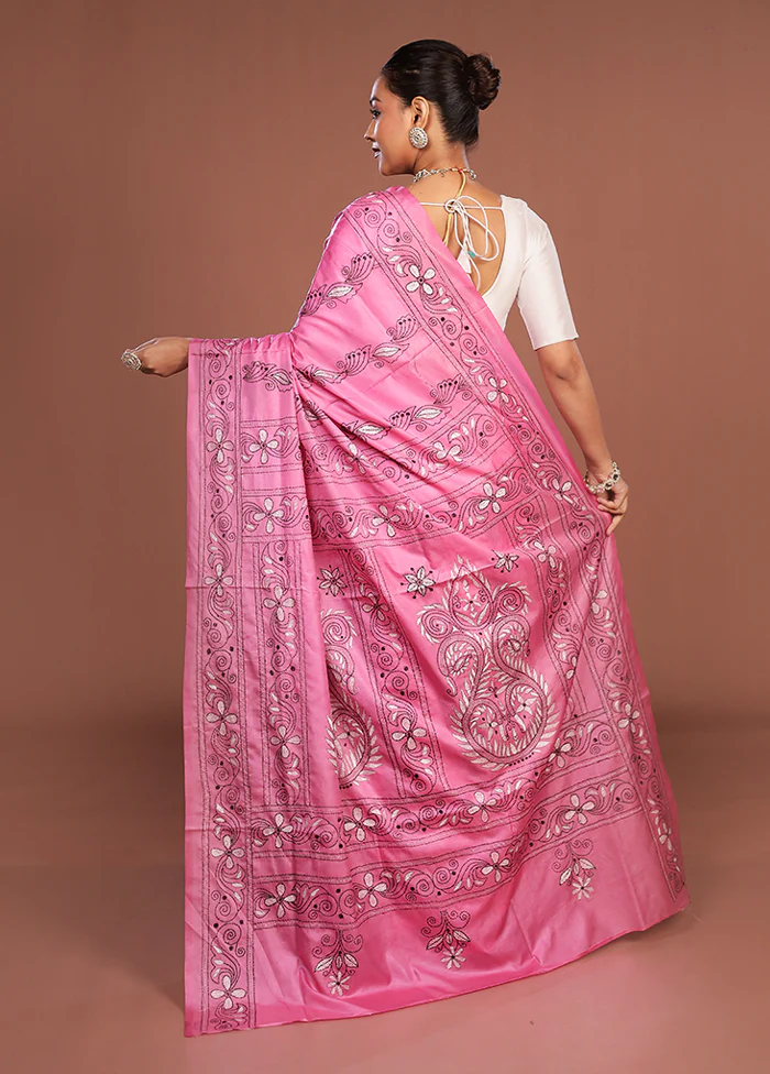Pink Kantha Stitch Silk Saree With Blouse Piece - Image 3