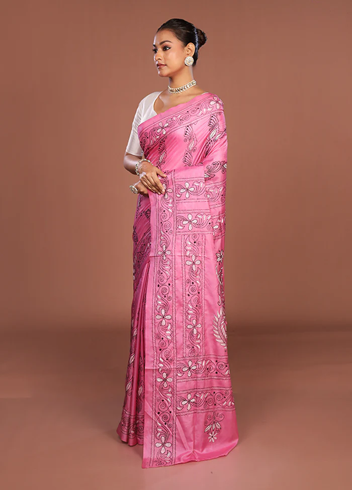 Pink Kantha Stitch Silk Saree With Blouse Piece - Image 4