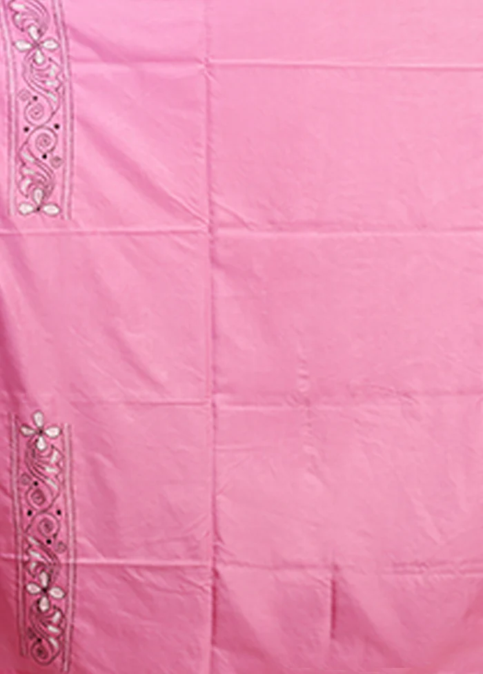 Pink Kantha Stitch Silk Saree With Blouse Piece - Image 5