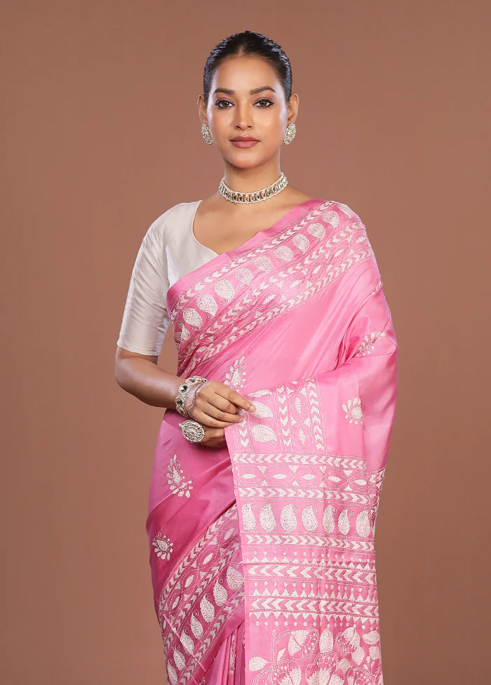 Pink Kantha Stitch Silk Saree With Blouse Piece
