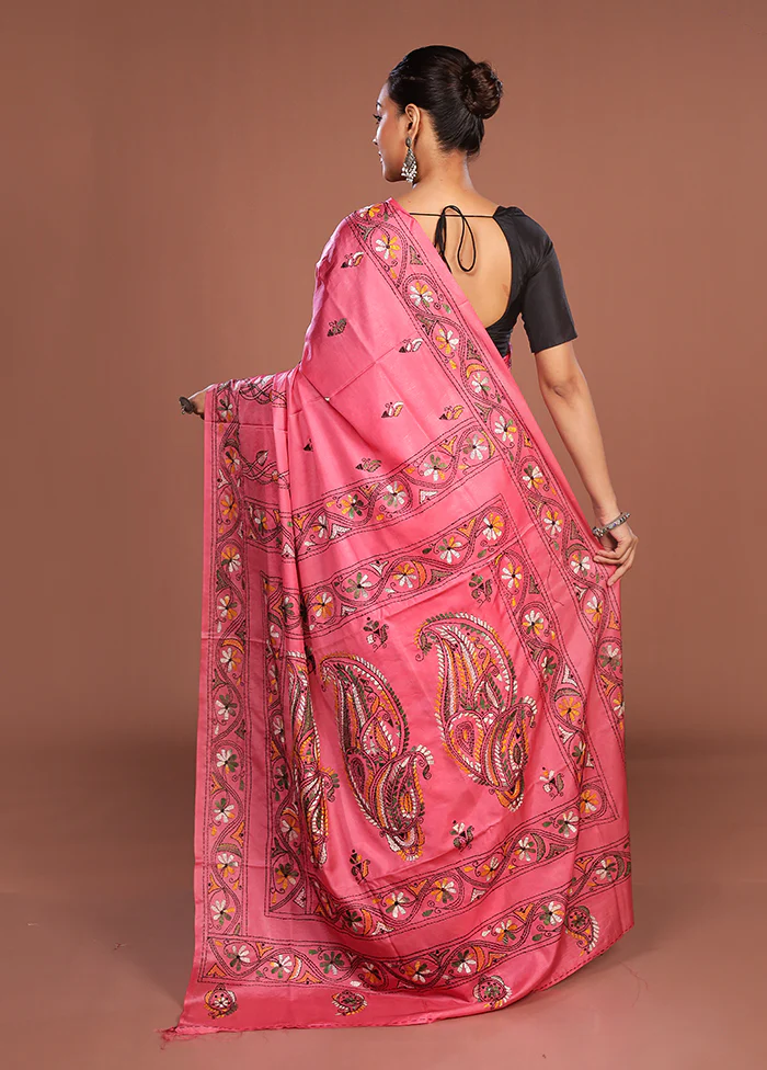 Pink Kantha Stitch Silk Saree With Blouse Piece - Image 3