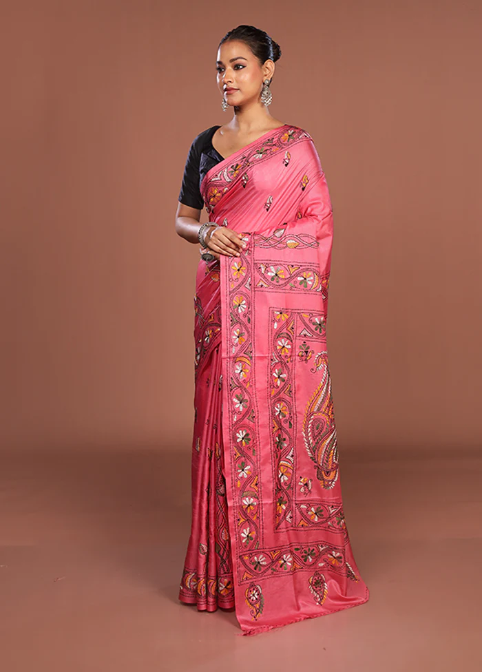 Pink Kantha Stitch Silk Saree With Blouse Piece - Image 4