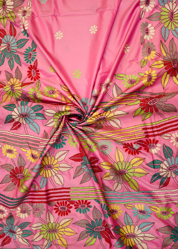 Pink Kantha Stitch Silk Saree With Blouse Piece - Image 2
