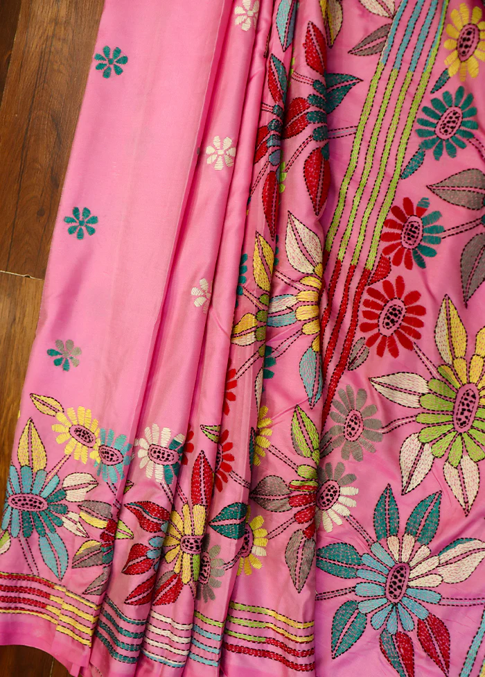 Pink Kantha Stitch Silk Saree With Blouse Piece - Image 3