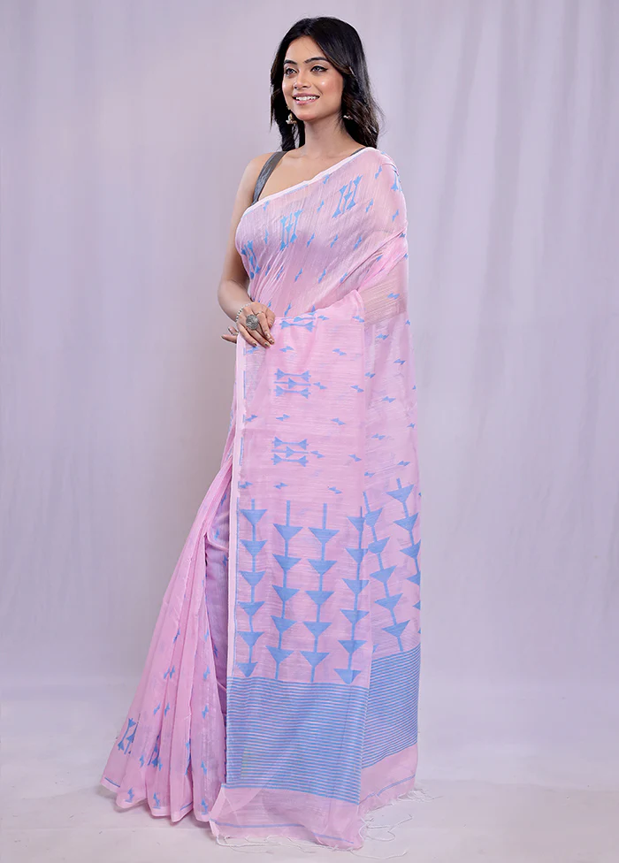 Pink Cotton Saree With Blouse Piece - Image 5
