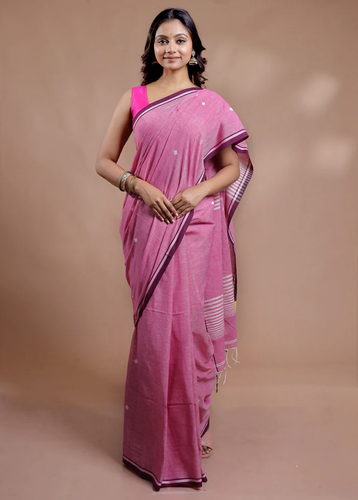 Pink Cotton Saree With Blouse Piece - Image 3