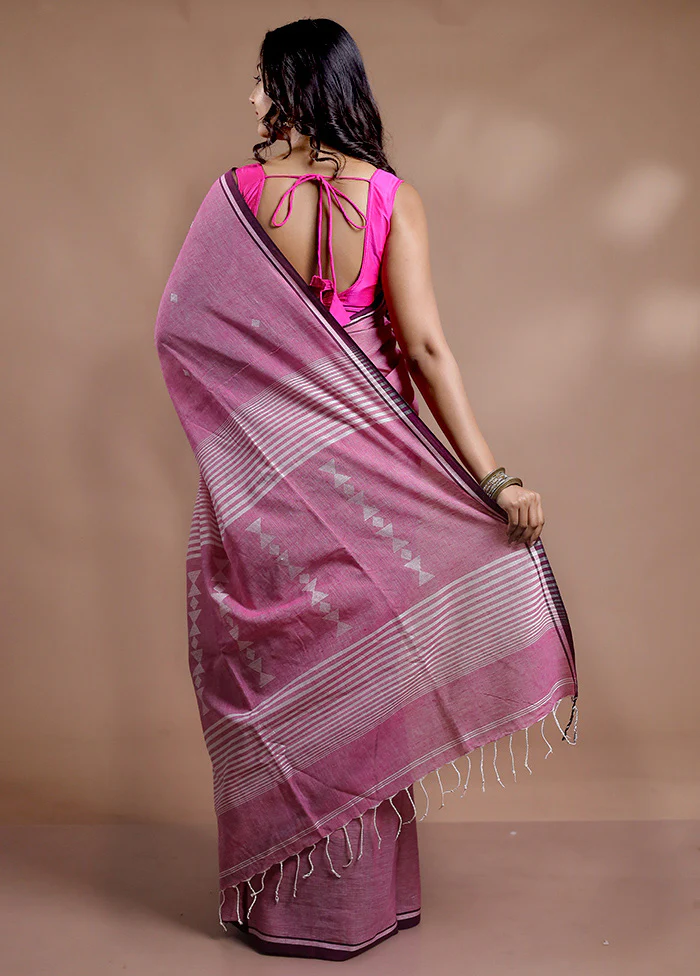 Pink Cotton Saree With Blouse Piece - Image 4