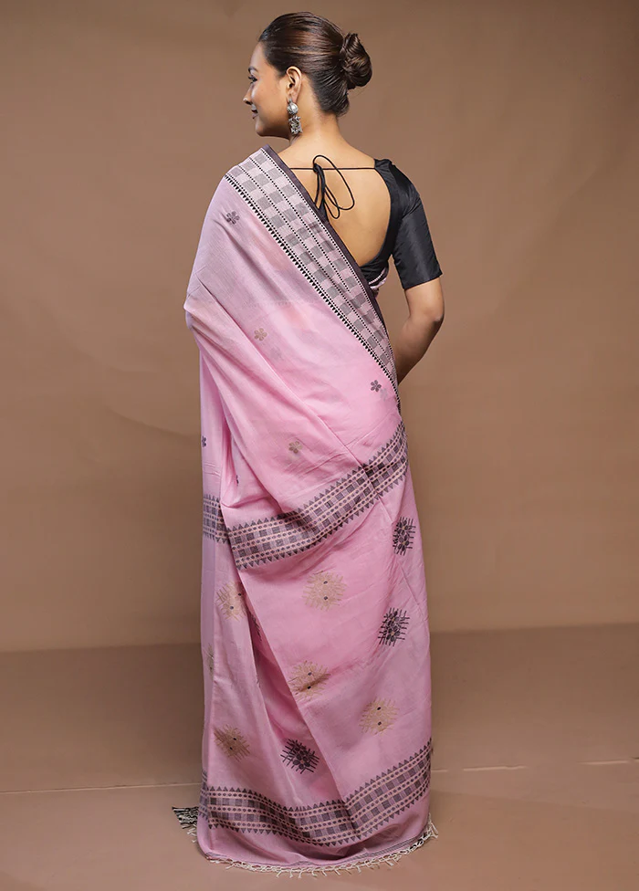 Pink Cotton Saree With Blouse Piece - Image 3
