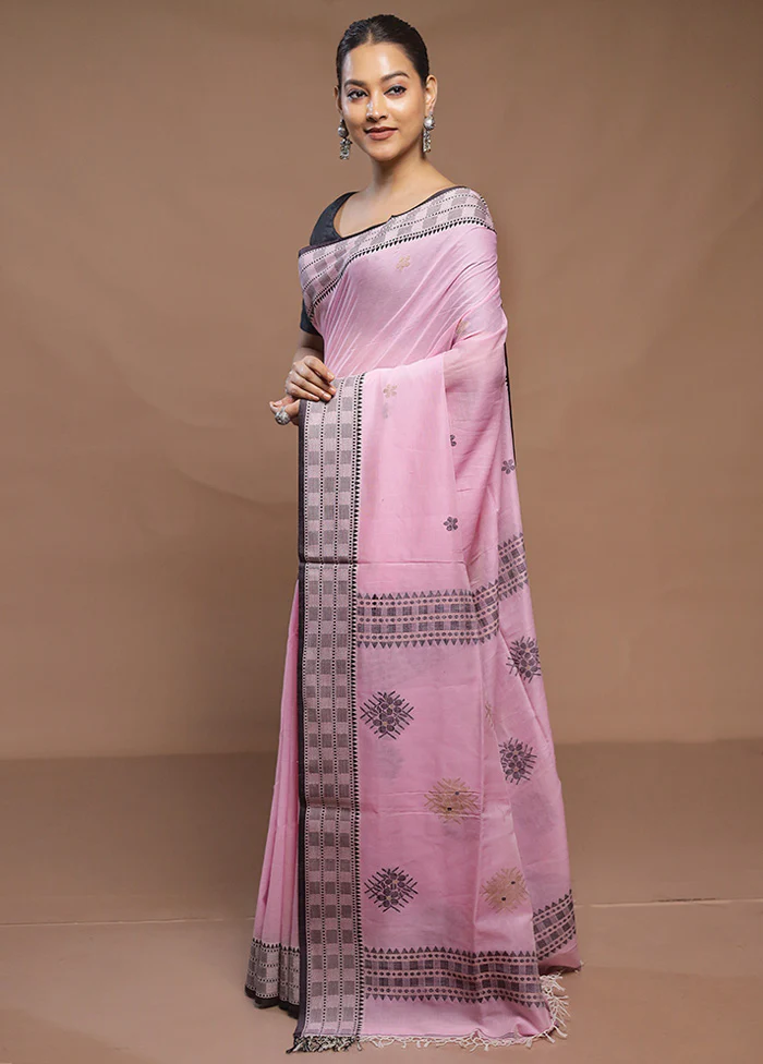 Pink Cotton Saree With Blouse Piece - Image 4