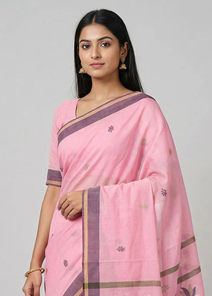 Pink Khadi Cotton Saree With Blouse Piece - Image 2
