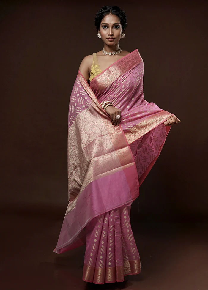 Pink Kora Silk Saree With Blouse Piece - Image 3