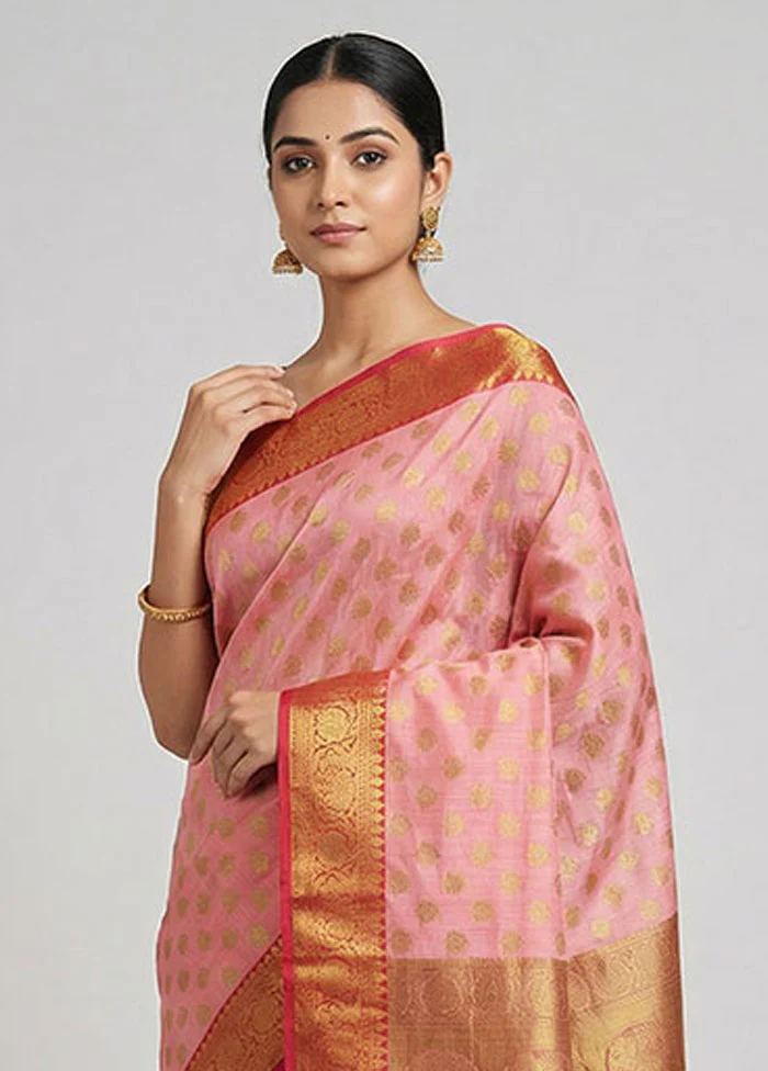 Pink Kora Silk Saree With Blouse Piece - Image 2