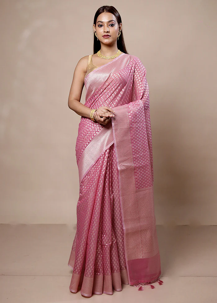 Pink Kora Silk Saree With Blouse Piece - Image 2