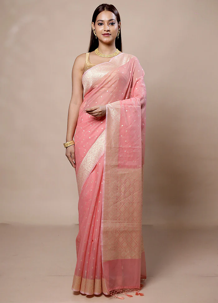 Pink Kora Silk Saree With Blouse Piece - Image 2