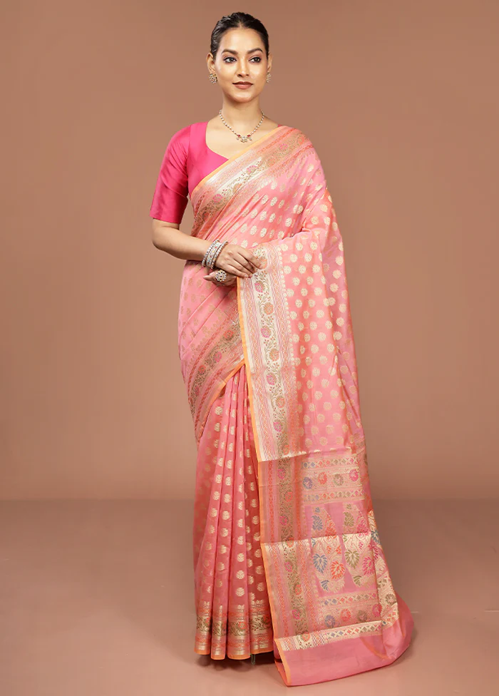 Pink Kora Silk Saree With Blouse Piece - Image 2