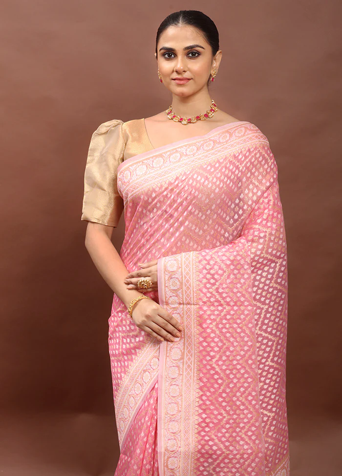 Pink Kora Silk Saree With Blouse Piece - Image 2