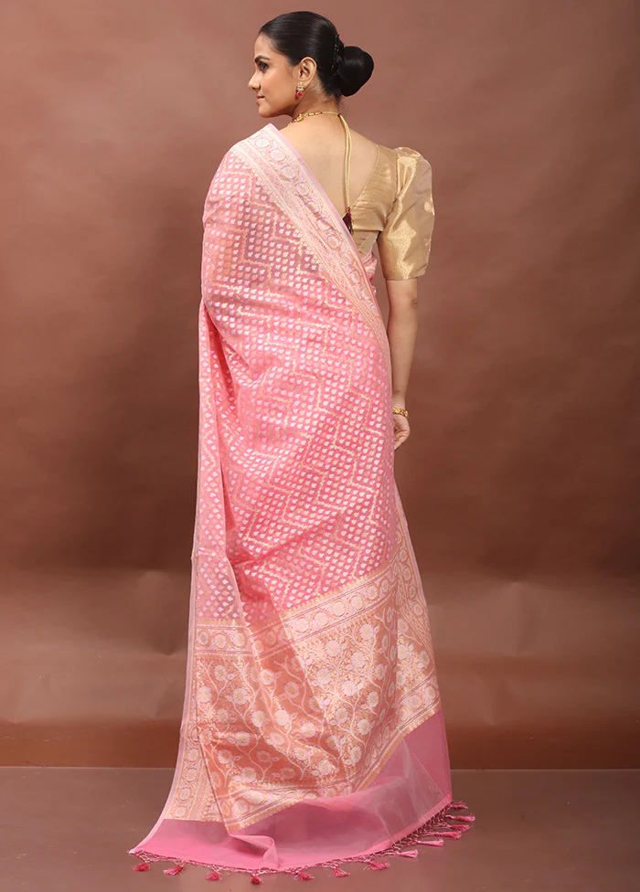 Pink Kora Silk Saree With Blouse Piece - Image 3