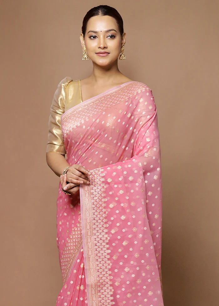 Pink Kora Silk Saree With Blouse Piece - Image 2