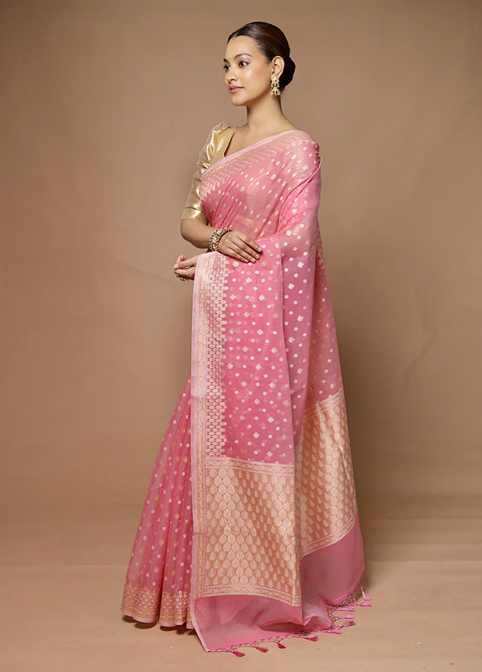 Pink Kora Silk Saree With Blouse Piece - Image 4