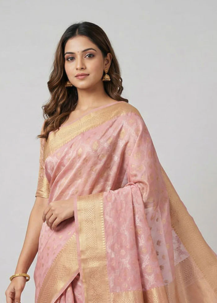 Pink Kora Silk Saree With Blouse Piece - Image 2