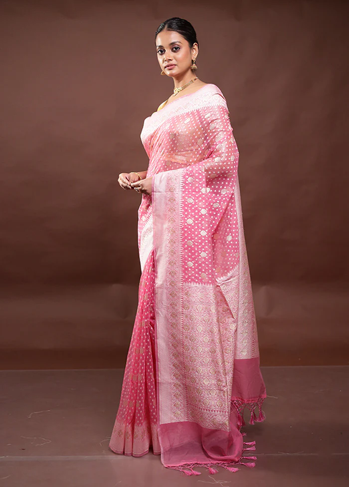Pink Kora Silk Saree With Blouse Piece - Image 4