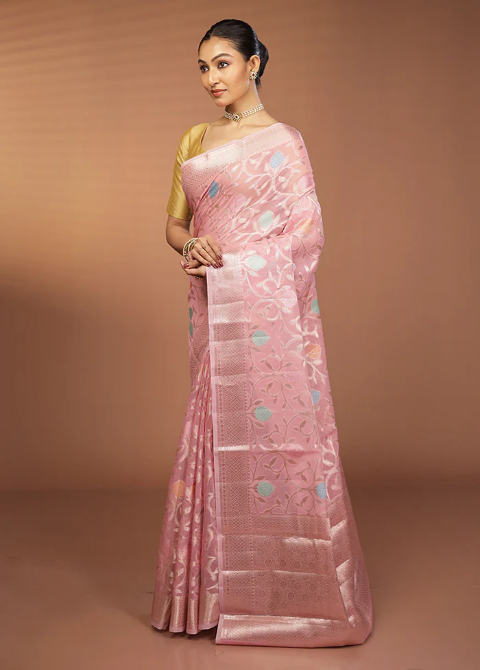 Pink Kora Silk Saree With Blouse Piece - Image 4