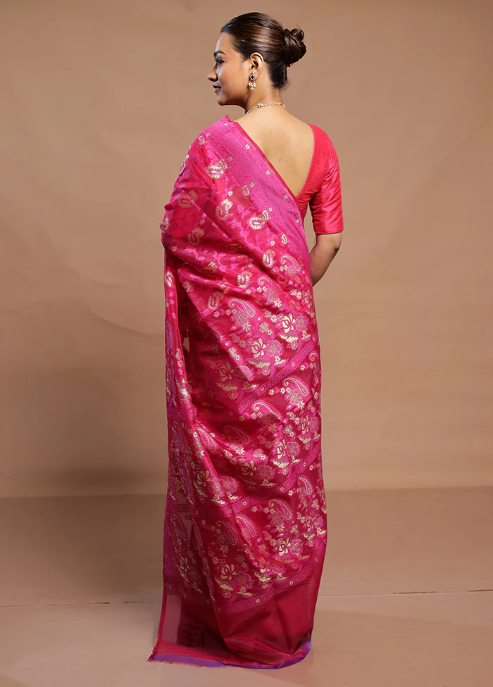 Pink Kora Silk Saree With Blouse Piece - Image 3