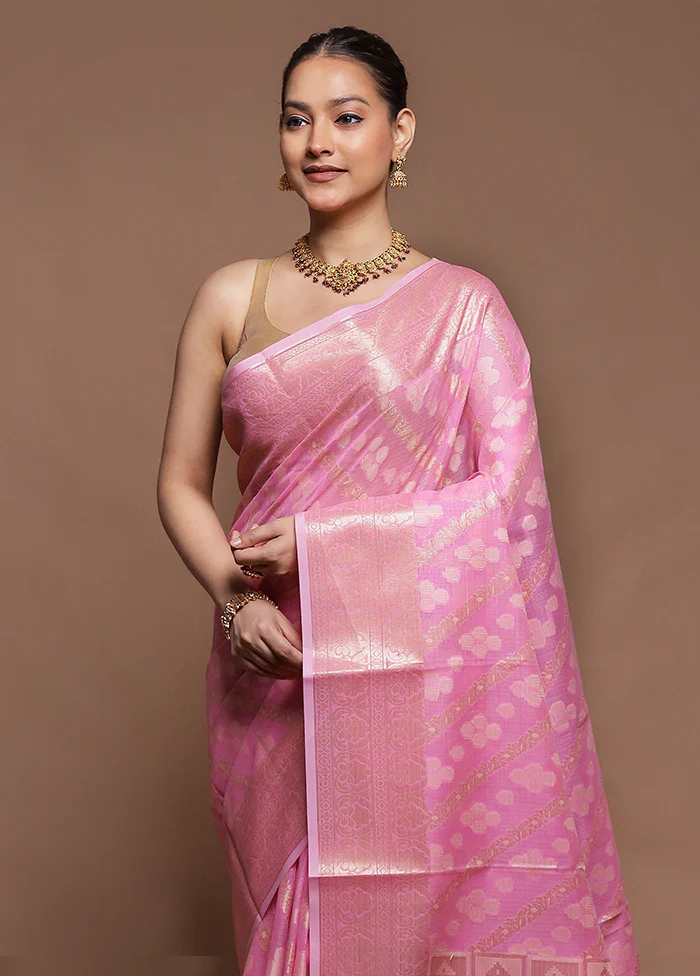 Pink Kora Silk Saree With Blouse Piece - Image 2