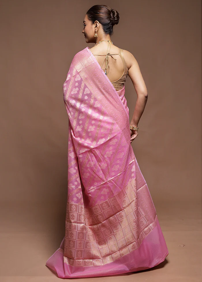 Pink Kora Silk Saree With Blouse Piece - Image 3
