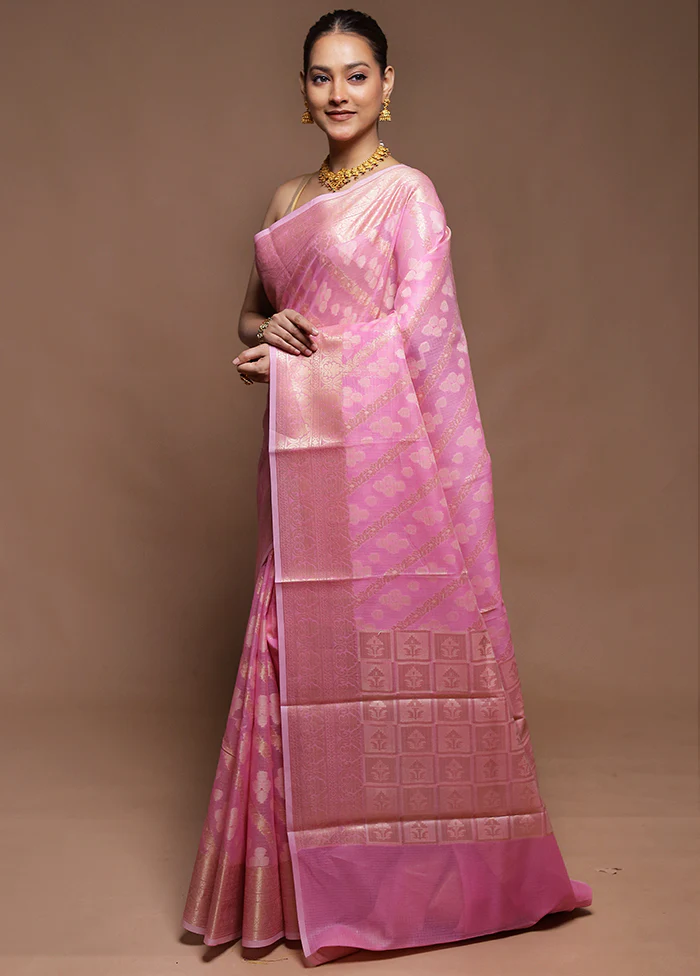 Pink Kora Silk Saree With Blouse Piece - Image 4