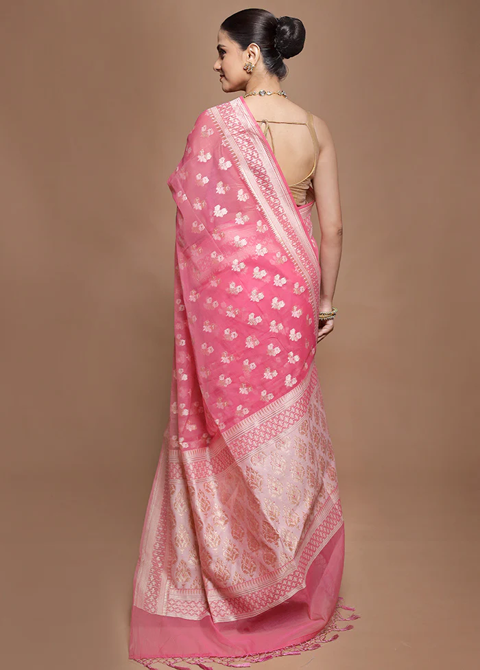 Pink Kora Silk Saree With Blouse Piece - Image 3