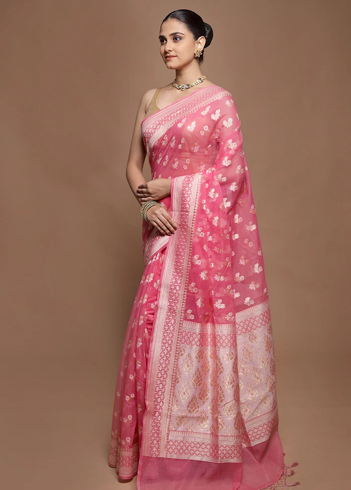 Pink Kora Silk Saree With Blouse Piece - Image 4