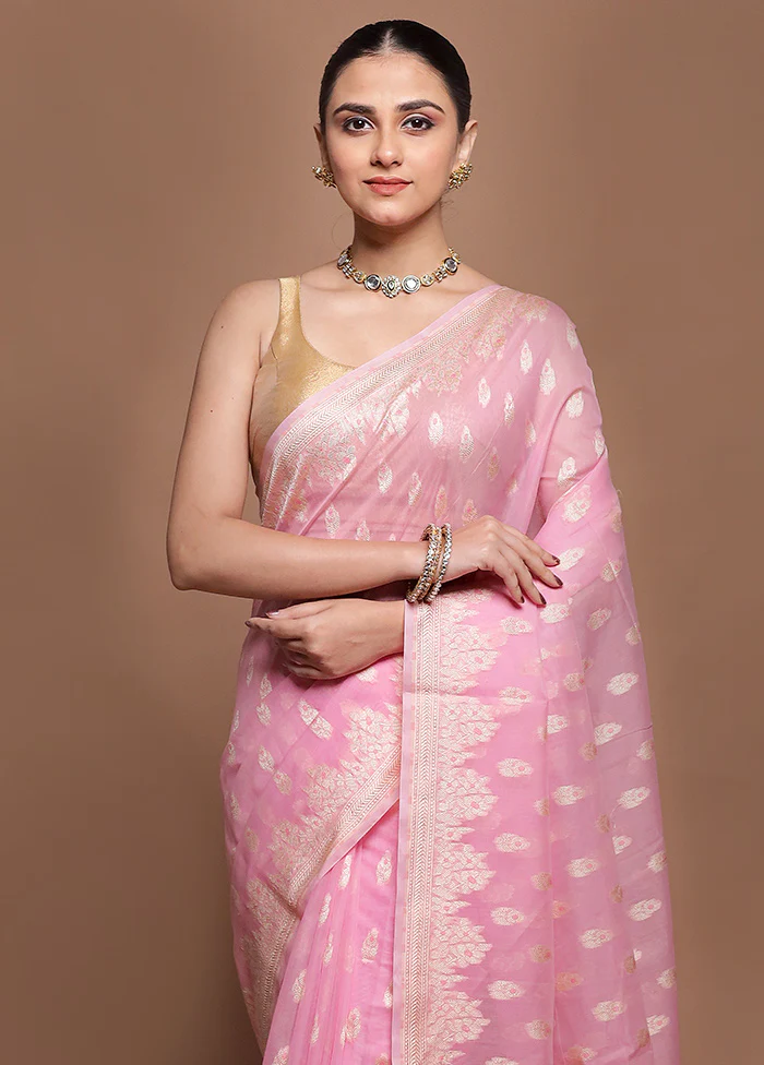 Pink Kora Silk Saree With Blouse Piece - Image 2