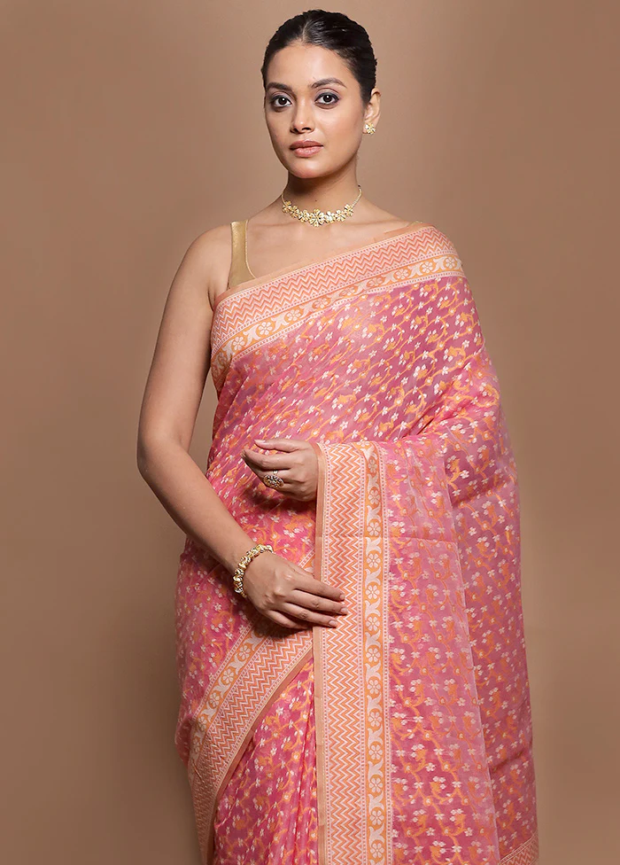 Pink Kora Silk Saree With Blouse Piece - Image 2