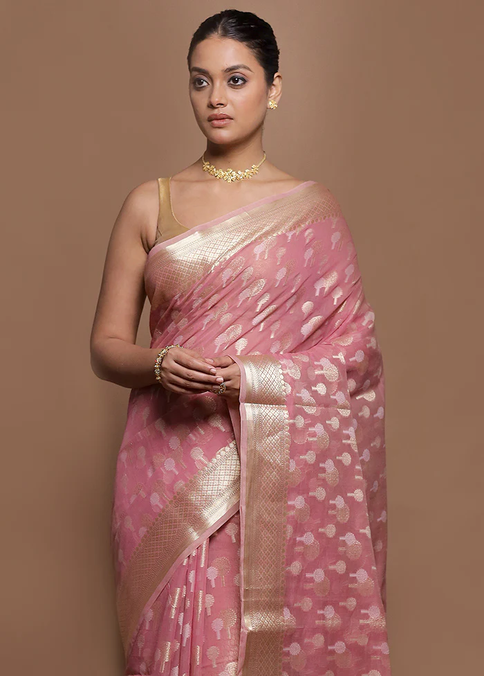 Pink Kora Silk Saree With Blouse Piece - Image 2